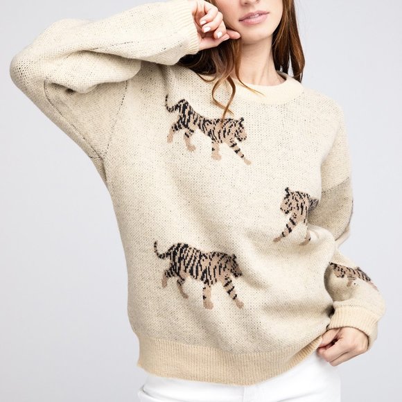 Relaxed Fit Long Sleeve Tiger Print Sweater in Oatmeal - Picture 5 of 5